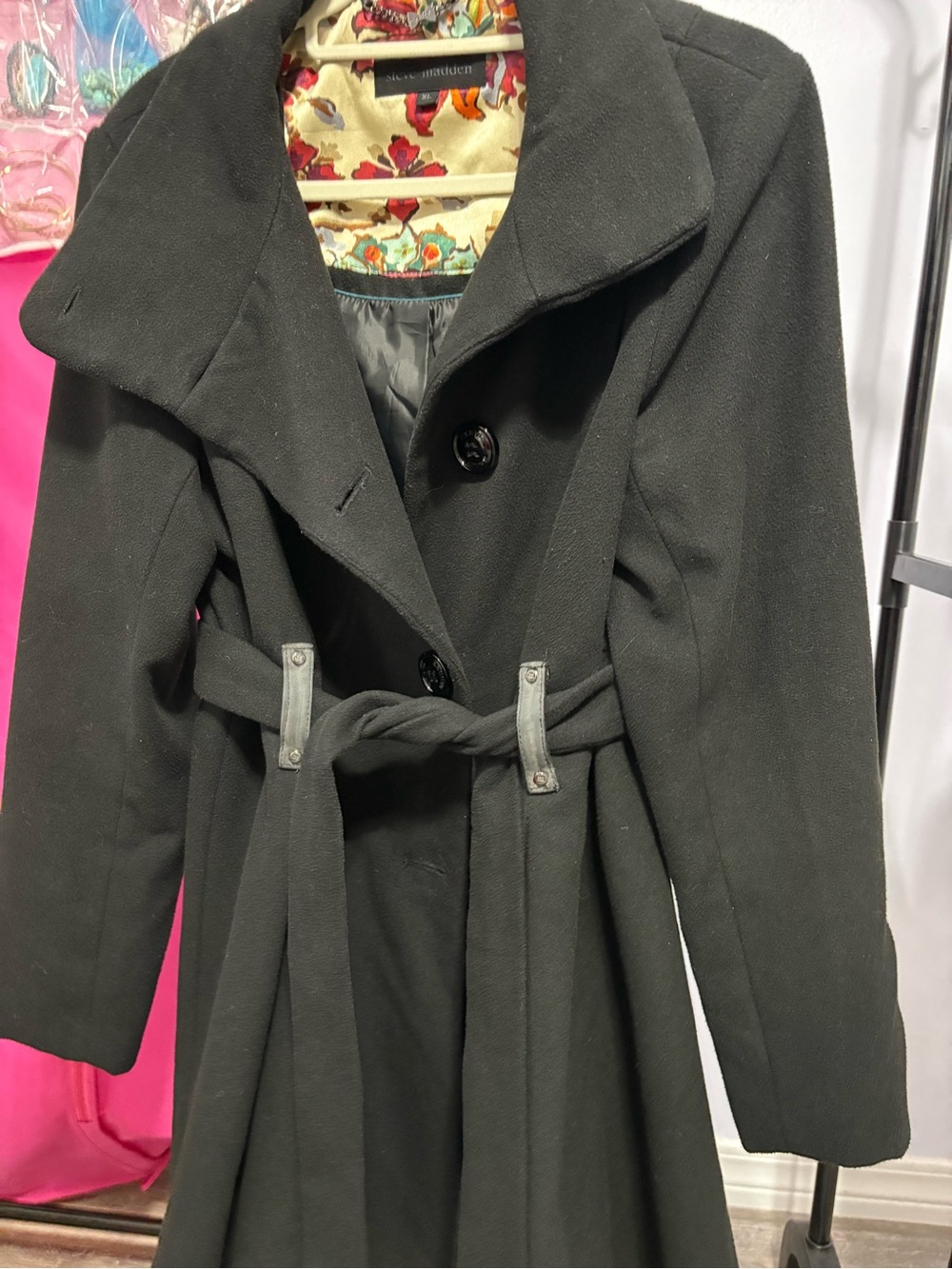 Steve Madden Black Pleated Dress Coat Mock Neck Floral Satin Accent Lining XL
